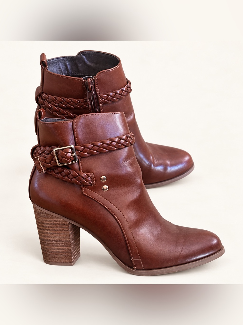 American Eagle Brown Braided Strap Heeled Ankle Boots Size 8